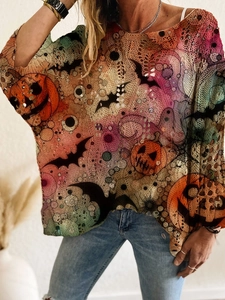 Pull d'Halloween pour femmes avec imprimés citrouilles et texture au crochet ajouré