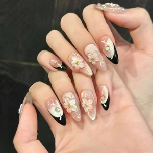 Press On Nails 3D Camellia Flower French Tip Cat Eye Almond Shape ABS Glossy Reusable Elegant Women