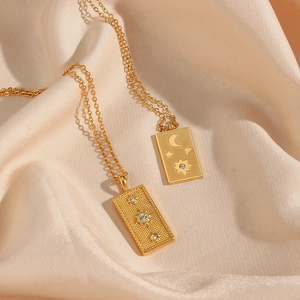 Vintage Tarot Card Sun Moon Star Pendant Necklace Stainless Steel Rectangular Tag Gold Plated Cubic Zirconia For Women