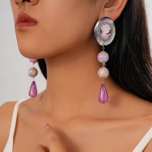 Retro oversized oval resin portrait drop earrings in purple for a vacation style