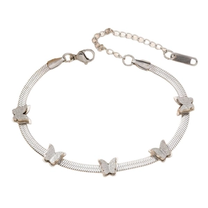 Silver stainless steel double-layered snake chain bracelet with frosted butterfly charms