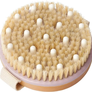 Double-sided wooden body massage brush with natural bristles and white silicone nodes
