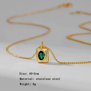 Gold rectangular pendant necklace with emerald green zircon stone in stainless steel