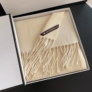 Cream cashmere-like double-sided scarf with tassels in elegant black gift box packaging