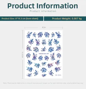 Detail view of blue laser flower nail art stickers M-061 with size 8x10.3cm measurement