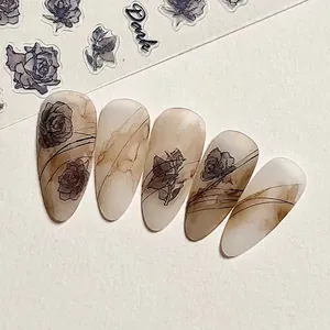 Gothic rose ink wash floral nail stickers with stiletto nail art application effect