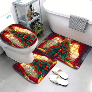 Three-piece Christmas bathroom mat set with festive tree print on soft polyester fabric