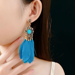 Nahaufnahme von Bohemian-Türkis-Ohrringen mit langen blauen Federn an einem Model