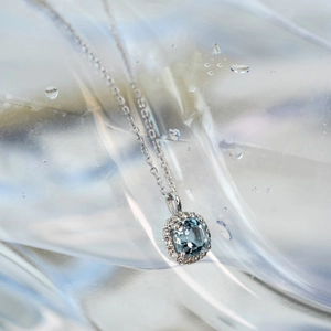 Aquamarine cushion cut halo pendant necklace in 925 sterling silver for women