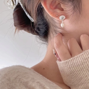 925 Sterling silver shell texture stud earrings with round white pearl pendants for women