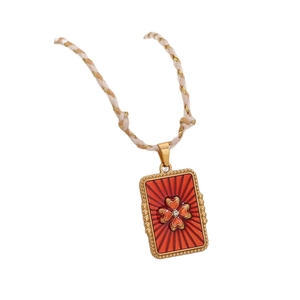 Retro gold rectangular pendant necklace with red enamel and four-leaf clover motif