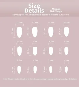 Guide des tailles pour faux ongles amande avec 12 dimensions pour 24 pièces press on