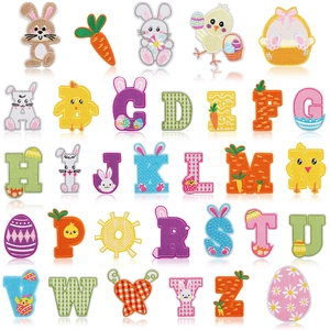 Easter Embroidered Patches Alphabet Letters Rabbit Chick Carrot Fabric Iron On Applique For Clothing DIY