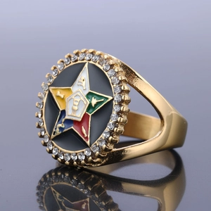 Detail of OES star ring with colorful enamel and sparkling white zircon stones
