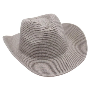 Detail of taupe woven straw cowboy hat showing texture and classic curved brim