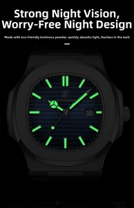 Detail of luminous green hands and markers on a black slim quartz men's watch