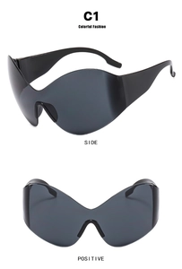 Detail view showing C1 model oversized Y2K butterfly sunglasses in sleek black finish