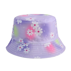 Close-up of purple gradient bucket hat with daisy print and twill fabric detail