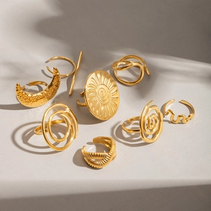 Ensemble de bagues rétro en acier inoxydable plaqué or 18k avec tournesol et vagues