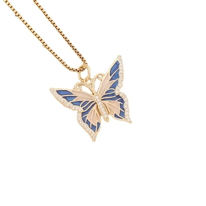 Golden butterfly necklace with blue and pink enamel and zircon accents on white background