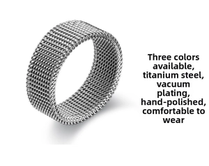 Detailed view of silver titanium steel ring with intricate mesh texture and polished finish