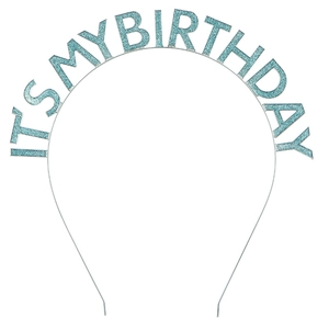Detailed shot of blue glitter IT'S MY BIRTHDAY lettering on a slim metal headband