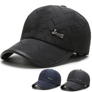 Men Quilted Baseball Cap Winter Warm Hat With Ear Protection Geometric Pattern Leather Trim Metal Badge Adjustable