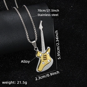Minimalist guitar pendant necklace in gold and silver steel with rhinestone details