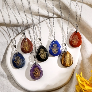 Hamsa Hand natural stone necklaces with gold engraving in varied crystal colors
