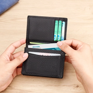 Men's black genuine leather card holder with litchi grain texture and multi-slot design