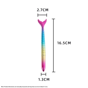 Detailed view of colorful gradient mermaid tail pen with engraved scale texture and dimensions