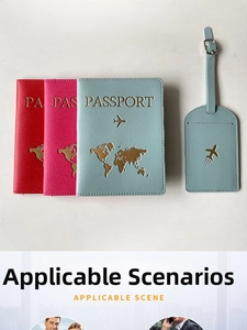 Macro view of colorful PU leather passport covers and matching luggage tags with gold foil