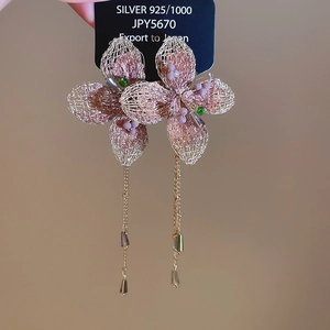 Dettaglio di orecchini a fiore in rete rosa con nappe di cristallo e perno in argento 925