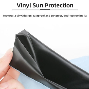 Detalle de tela de paraguas con capa negra de protección UV y tejido azul claro impermeable