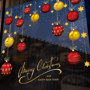 Christmas window stickers with red and gold ball ornaments and stars for holiday decoration
