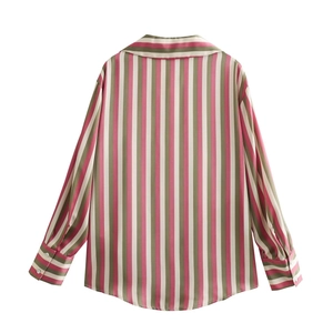Detailed back view of women's long sleeve satin shirt with vertical red, green, and white stripes