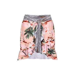 Women's tropical coconut tree print wrap skirt with coral pink floral resort design
