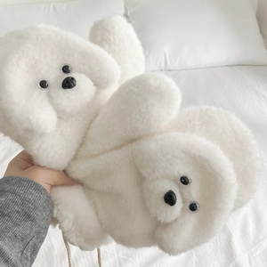 Gants d'hiver mignons en peluche chien teddy blanc pour femmes en fausse fourrure douce