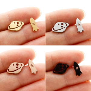 Asymmetric Stud Earrings Stainless Steel Planet Rocket Space Theme Minimalist Fashion Jewelry For Women