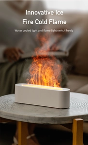 Close-up of white 3D flame humidifier on marble table showing realistic cool mist effect