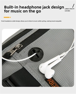 Detail of grey sports waist bag featuring RFID protection and cross-style earphone hole