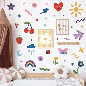 Rainbow and fruit cartoon wall stickers for nursery wall decor in pastel colors