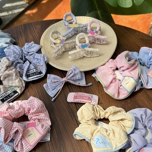 Sweet Korean Fabric Hair Accessories Grid Pattern Scrunchies Hair Clips Shark Clips Headbands Pencil Paperclip Decor Kawaii