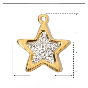 Macro view of gold-plated stainless steel star pendant with rhinestones and dimensions