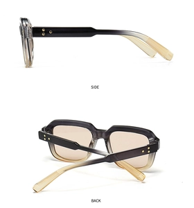 Detail views showing the side and back profiles of square gradient sunglasses with rivets