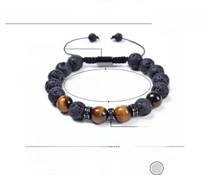 Detail of 10mm lava and tiger eye stone beads with micro-pave cubic zirconia accents