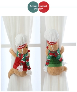 Detail showing gingerbread man curtain tie-backs in red and green knitted textures