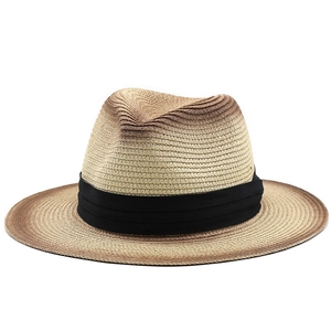 Classic wide-brimmed gradient brown straw fedora hat with black ribbon for sun protection