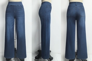 Drei-Seiten-Ansicht der High Waist Wide Leg Jeans in Dunkelblau mit Vorder- und Rückansicht