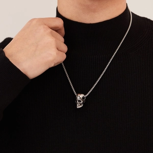Polished 3D skull pendant necklace in stainless steel with square box chain for men